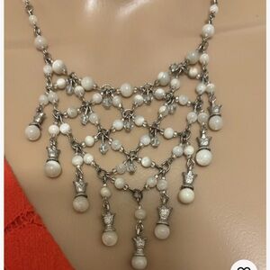 mother of pearl & Rhinestone Bib necklace silver Chain Adjustable Size